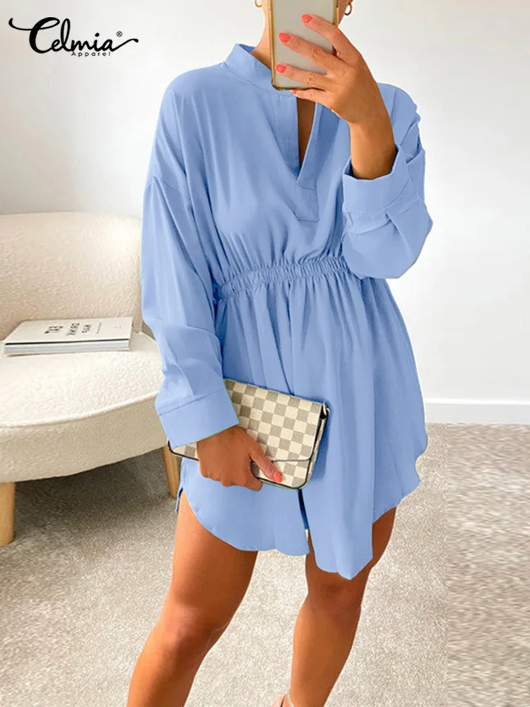 

Повседневные длинные рубашки Celmia с V-образным вырезом, свободные женские туники, элегантные модные повседневные однотонные Блузы с длинным рукавом для отдыха 2023