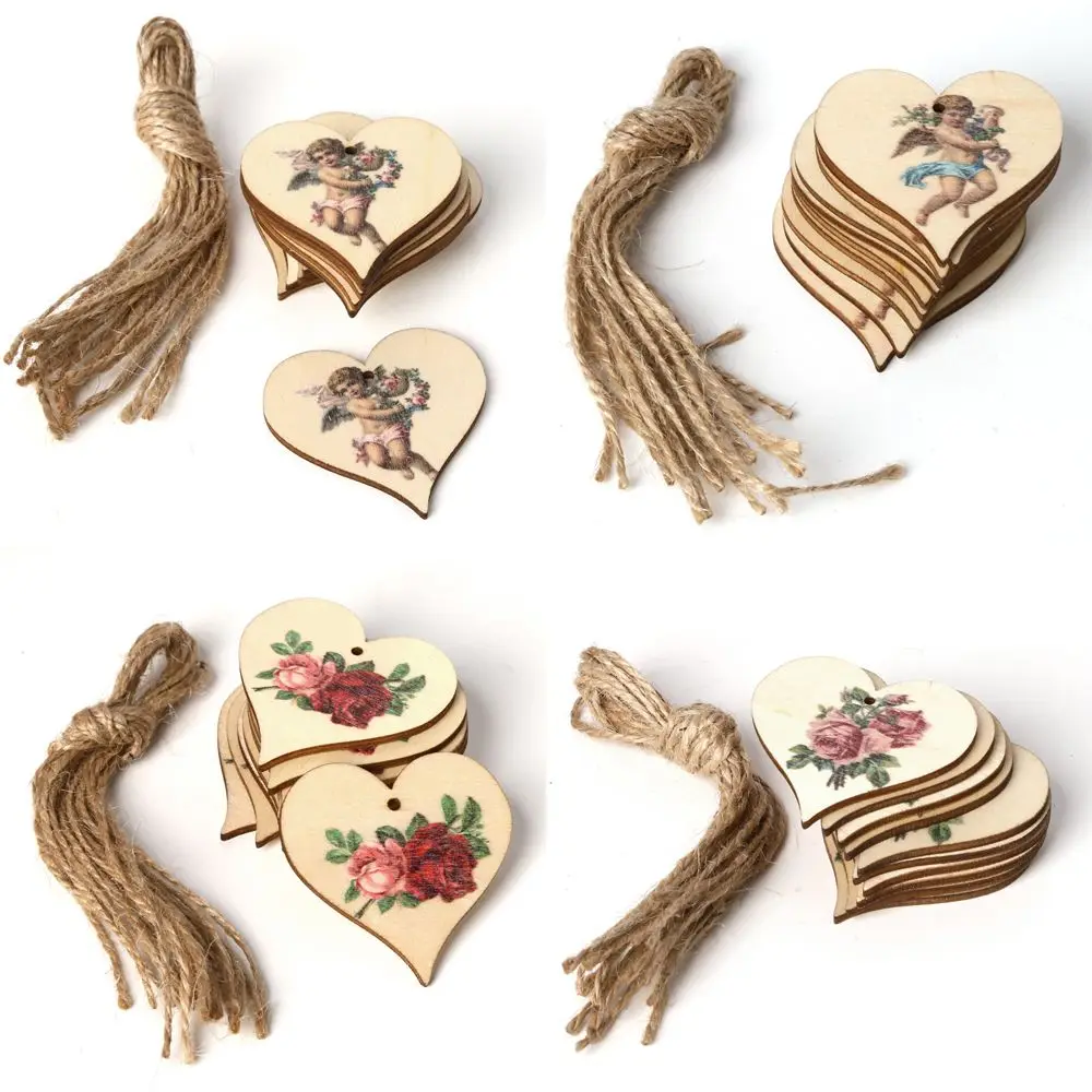 

10pcs/set Printed Angel Rose Flower Hanging Pendant Laser Cut Wooden Slice Ornament Wood DIY Crafts Home Decoration