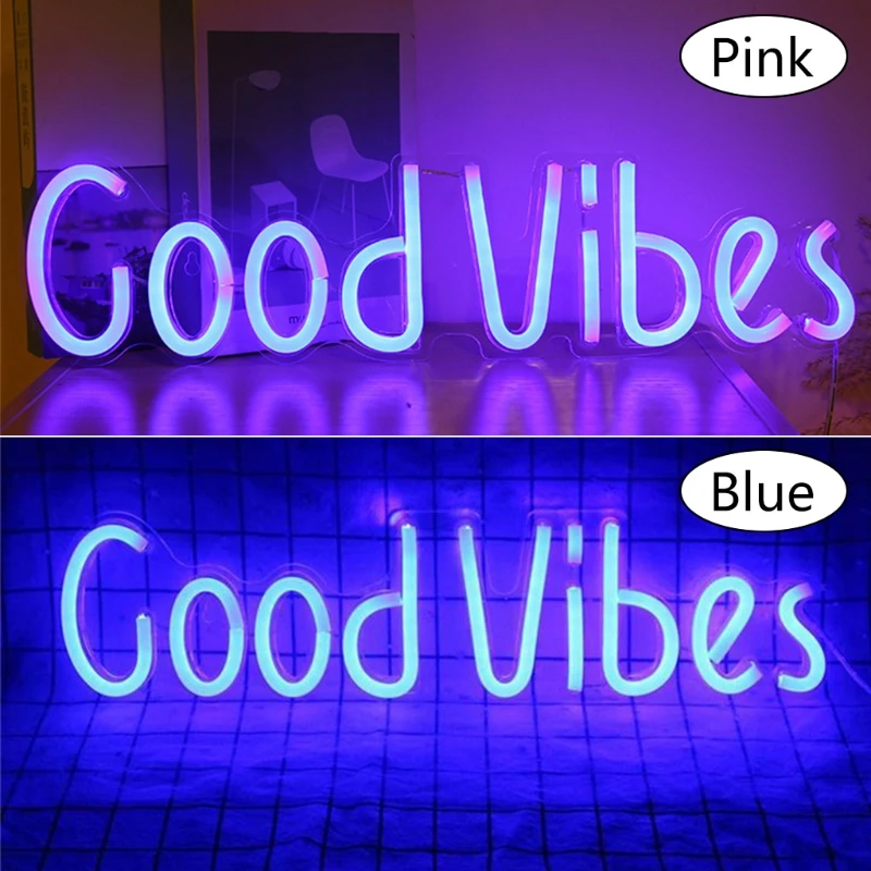 

19.6" x 4.9" LED Good Vibes Night Lights USB Operated Neon Signs Good Vibes Words Wall Art Decoration Pink & Blue Dropship