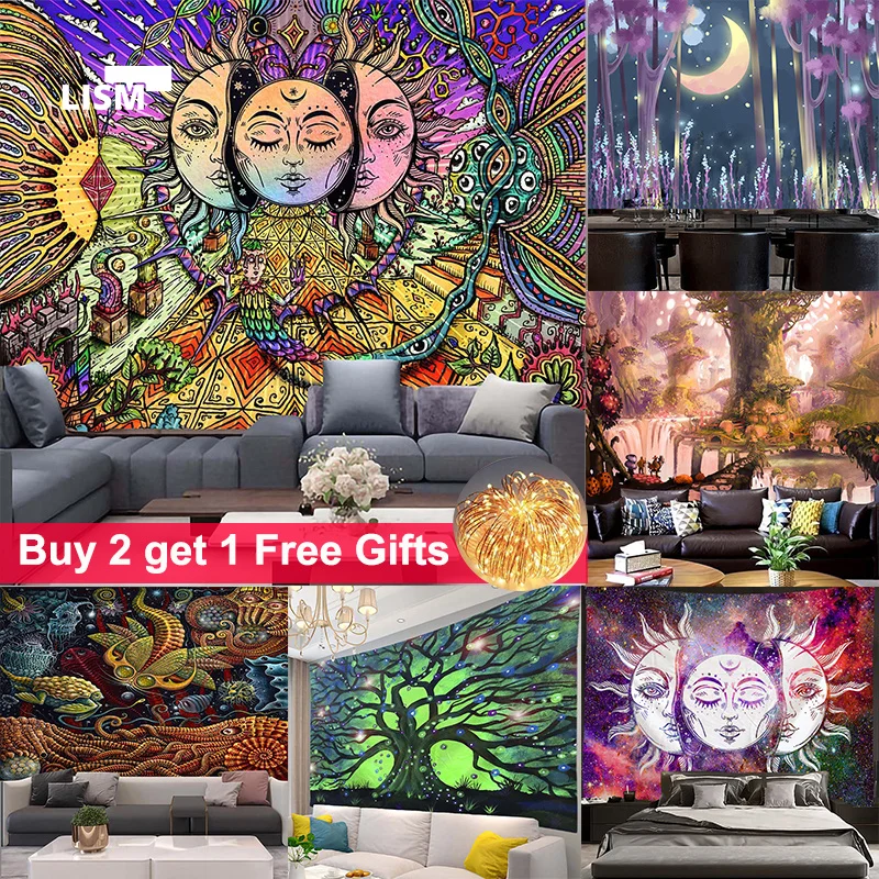 

Psychedelic Tree Art Tapestry Mandala Macrame Hippie Wall Hanging PRINTED Boho Decor for Living Room Tapestries Wall Hanging