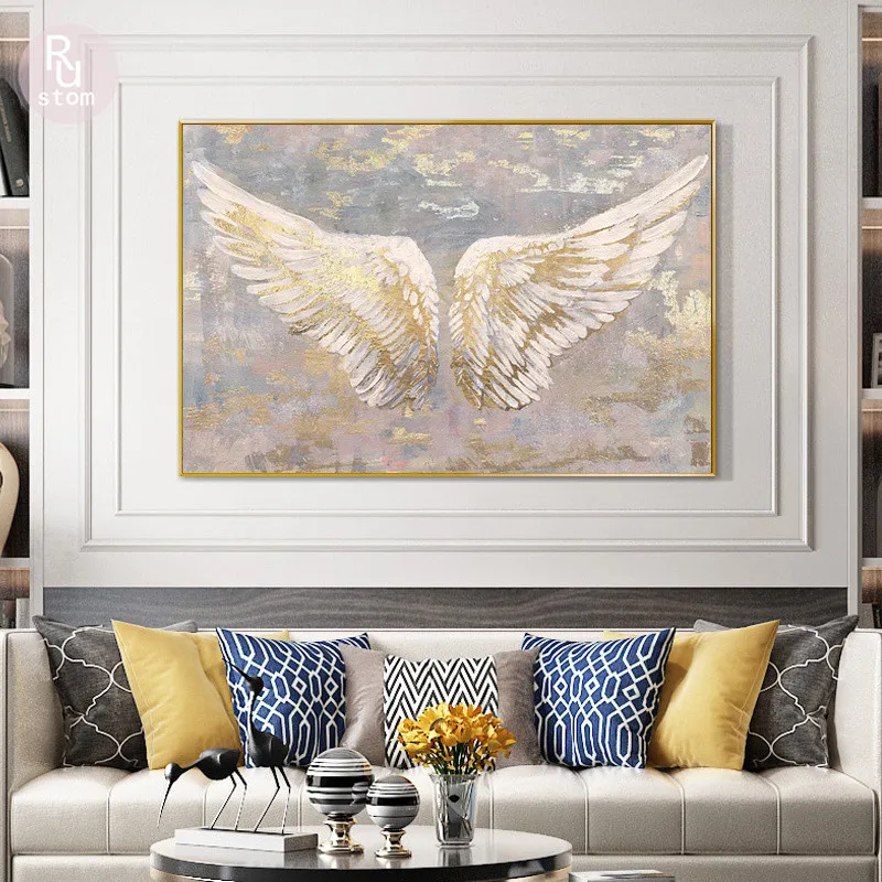 

Modern Fashion and Glam Wings of Gold Wings Canvas Oil Painting White Angel Wings Luxury Poster Wall Picture Parlor Home Decor