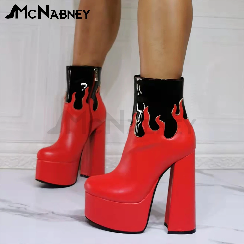 Mixed Color Ankle Boots Super High Platform Shoes Red Flame Black Leather Boots Unique Design Style Shoes Platform Modern Boots