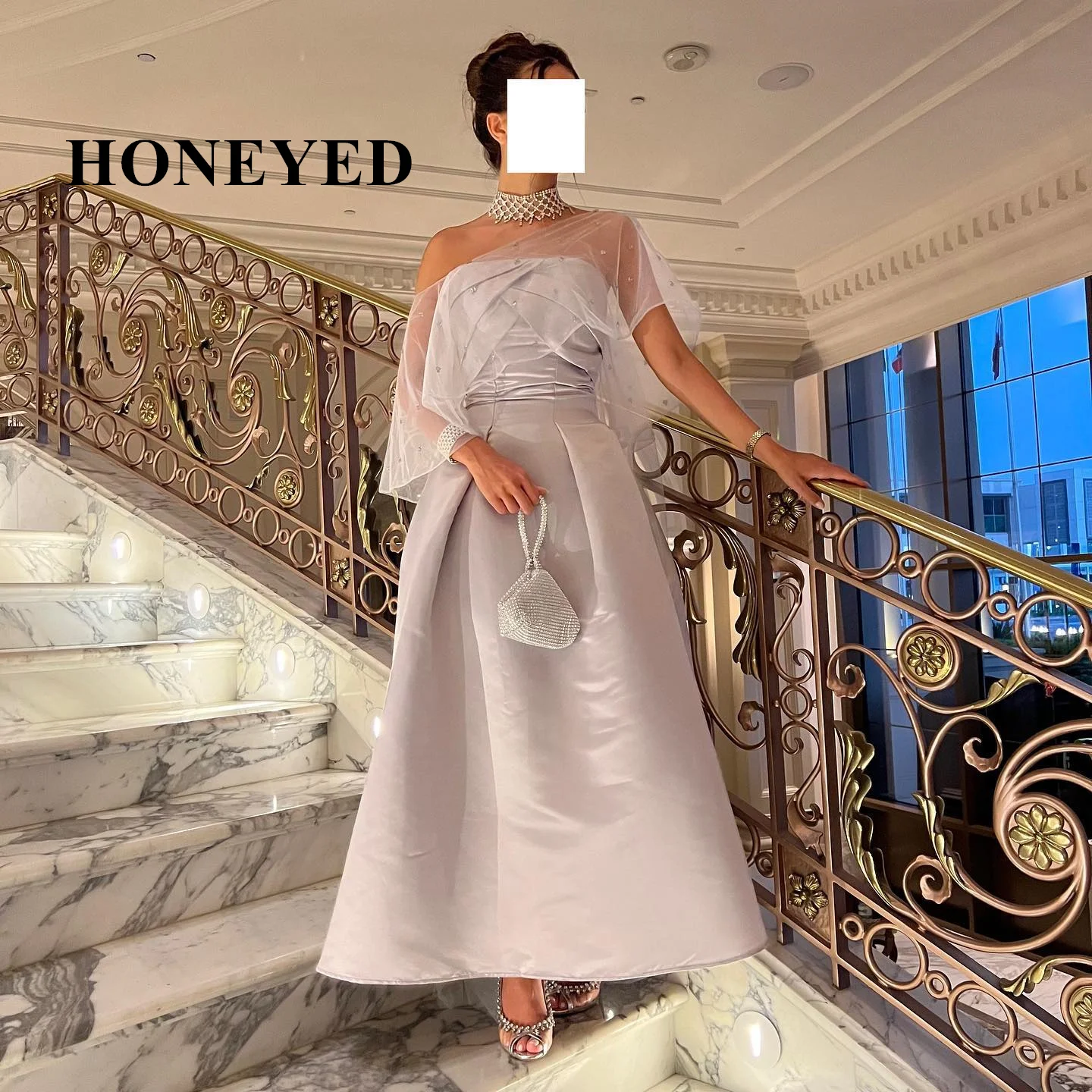 

HONEYED Strapless Light Pink Chiffon Woman Clothes Asymmetrical Satin Evening Dresses Folds Ruffled Prom Dress Ever Pretty Gowns