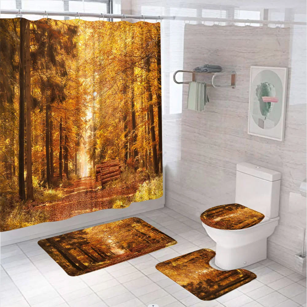 

Fall Maple Tree Bathroom Shower Curtain Set Yellow Leaves Pathway Autumn Forest Woodland Landscape Bath Mat Rug Toilet Lid Cover