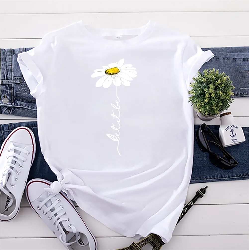 

Летняя Хлопковая женская футболка размером 5XL с графическим принтом в виде маргариток, футболки с коротким рукавом, повседневные женские фу...
