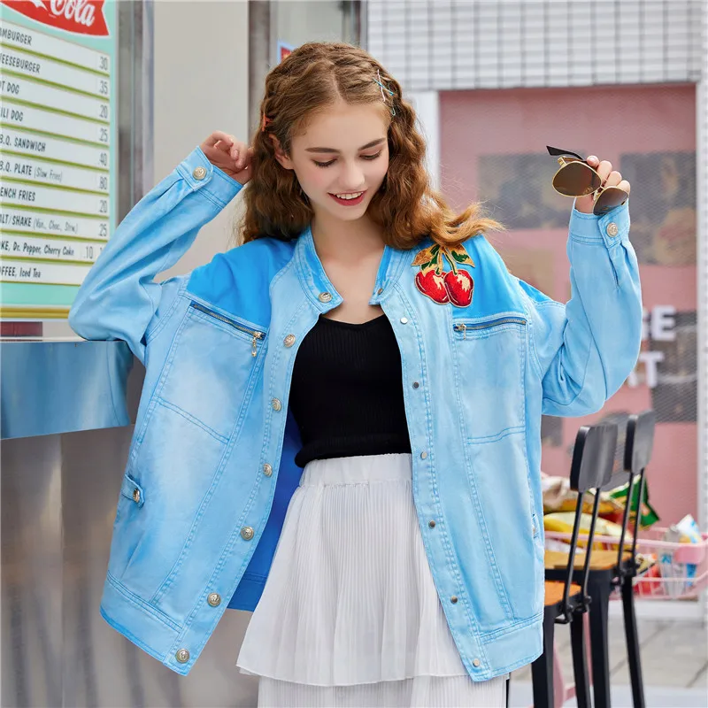 

Harajuku Cherries Embroidery Blue Denim Coat Women Stand Collar Long Sleeve Casual Jeans Jacket Spring Autumn Female Streetwear