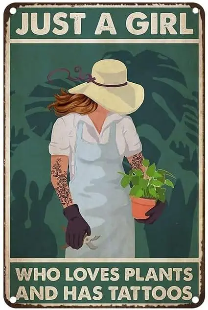 Vntge Metl Tn Sgn Just Grl Who Loves Plnts nd Hs Tttoos Rustc Wll Декор для дома Спальня Br Cfe Club 8X12nch
