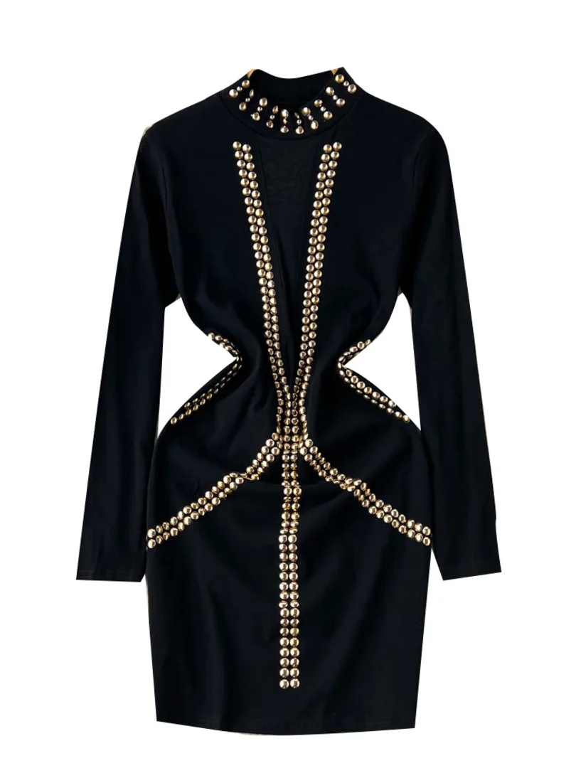 

Foamlina элегантное женское осеннее черное облегающее мини-платье с заклепками и воротником-стойкой с длинным рукавом тонкое стрейчевое клубв...