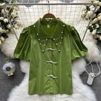 elegant lapel blouse short puff sleeve white shirt office ladies top casual solid single breasted womens pearl beading blouses