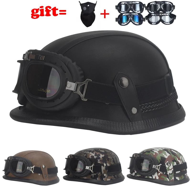 

Imitation World War II German Helmet Style Open Face Half Leather Helmet Moto vintage Motorbike Vespa camouflage