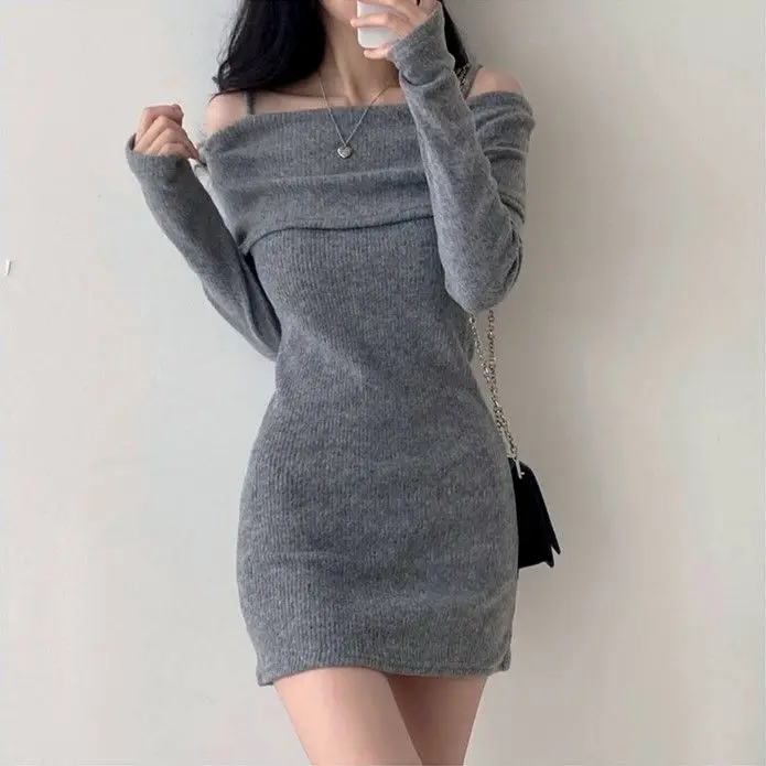 

2023 Autumn Office Lady Knitting Casual Dress Female French Vintage Sexy Mini Dresses Slim One Piece Suspender Strapless Dress