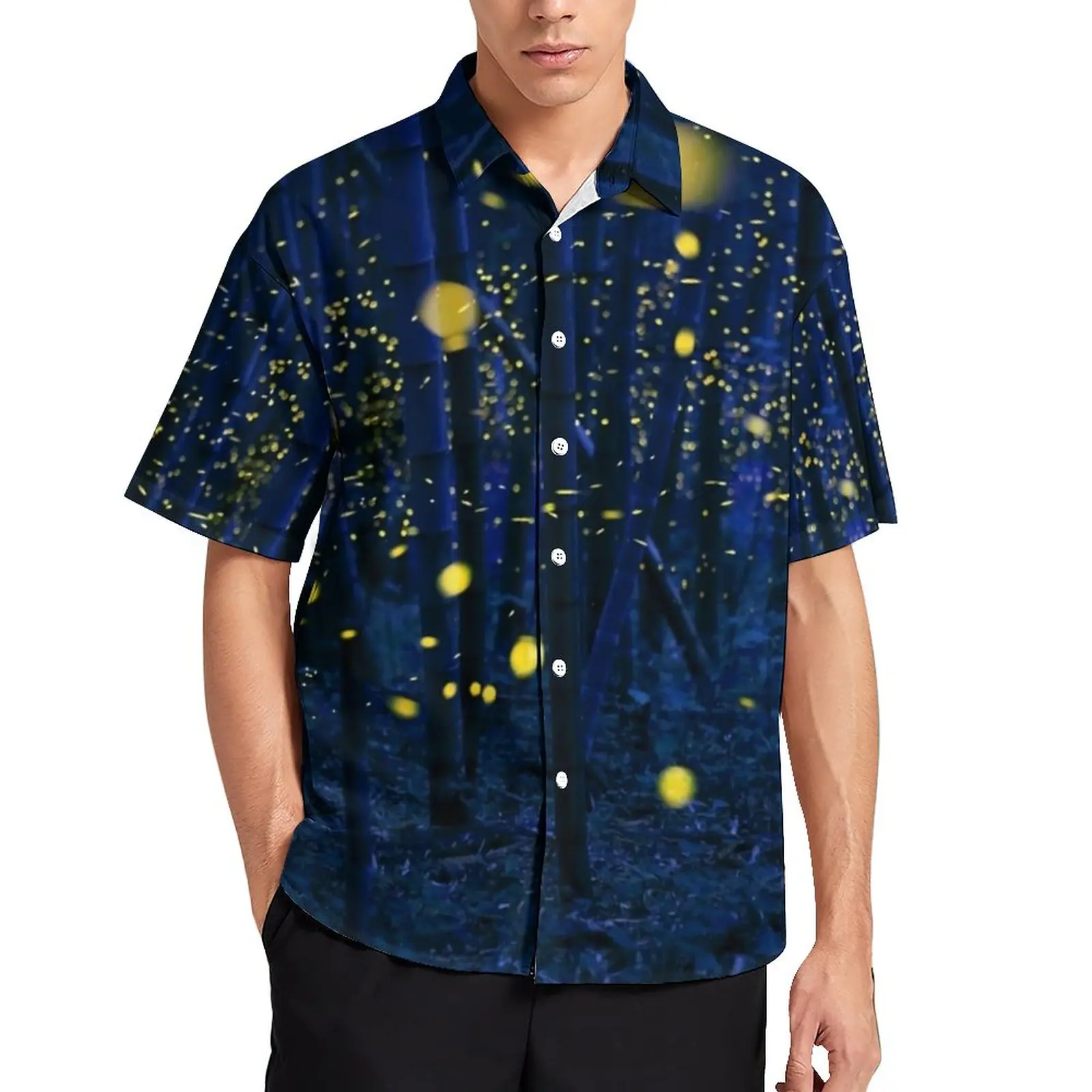 

Night Forest Beach Shirt Fireflies Print Hawaiian Casual Shirts Male Harajuku Blouses Short Sleeve Custom Clothing Large Size