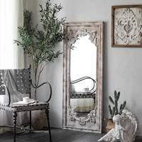 Stock large size decorative plain retro white wood wall mirror worn hanging mirror long square frame mirror