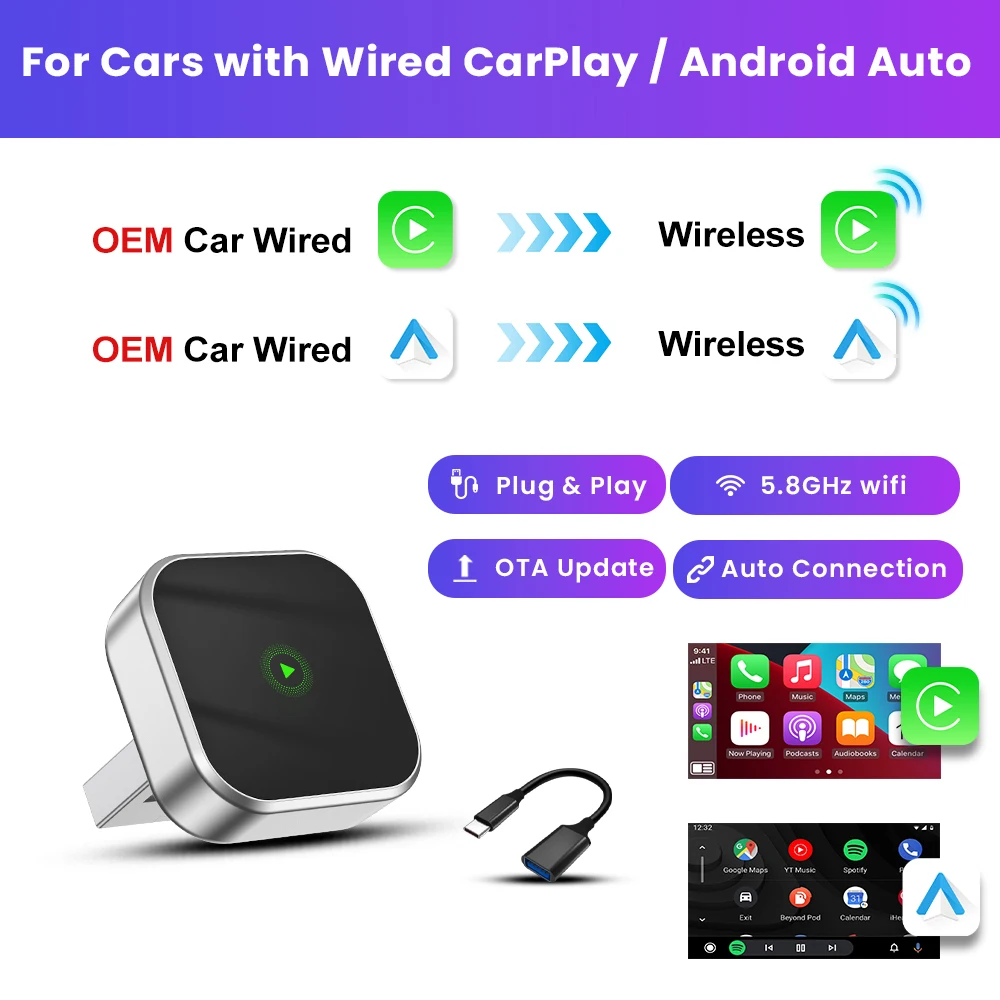

PLAYAIBOX Беспроводной адаптер CarPlay Android Auto 2in1 Mini 5G WIFI Dongle Преобразование проводов в беспроводное автоматическое подключение Plug & Play