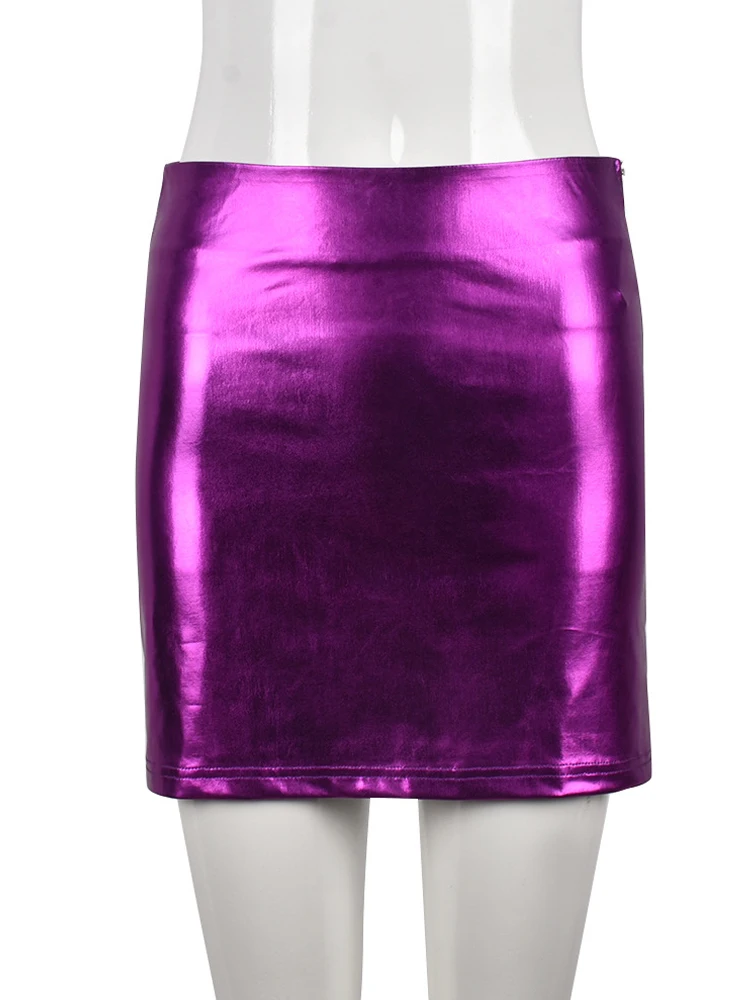 Women Side Zipper Bodycon Mini Skirt Metallic Glitter Wetlook Patent Party Pole Dancing Clubwear Bright Dance Skirts 2022 Spring images - 6