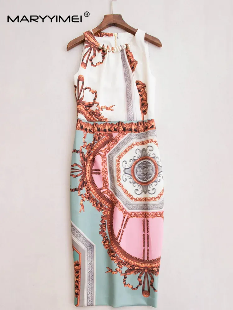 

MARYYIMEI Summer Runway Dress Women Midi Pencil Dress Sleeveless Fashion Beading Print Hip Wrap High Waist Slim Party Dress