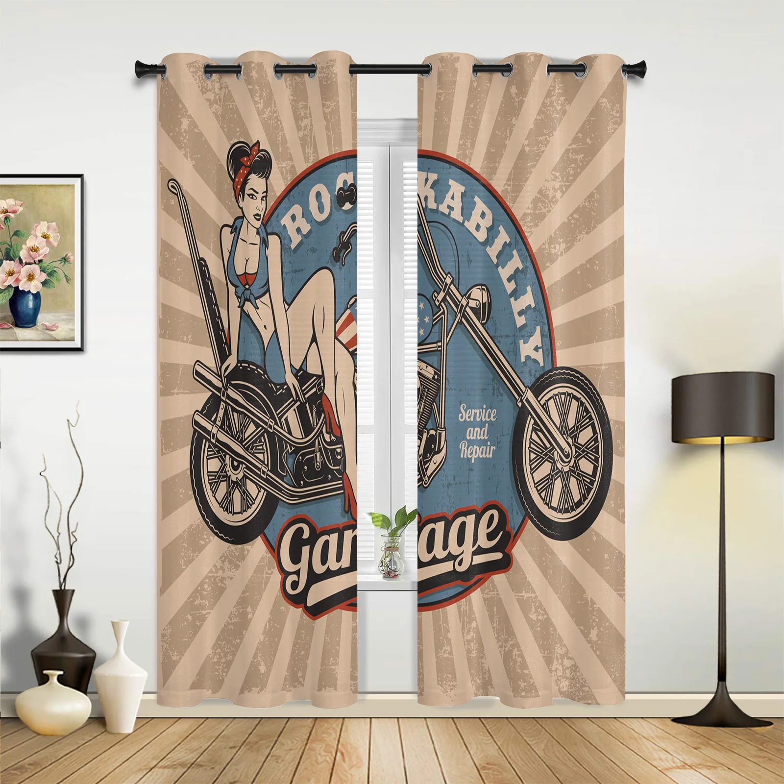 

Woman Motorcycle Retro Curtains for Bedroom Living Room Drapes Kitchen Children's Room Window Curtain Modern Home Decor