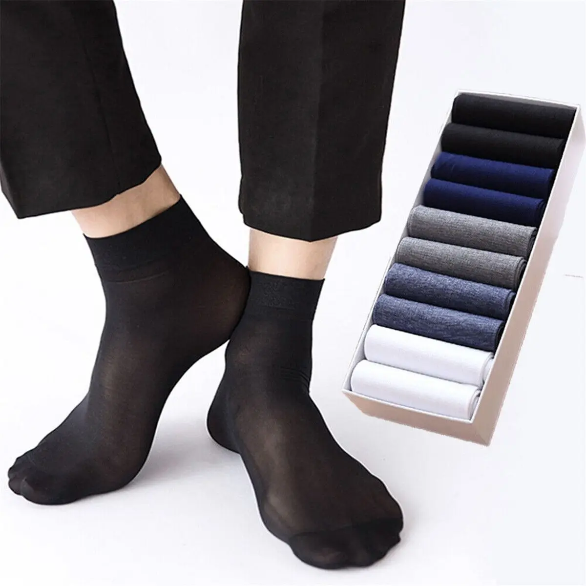 

Fashion Elastic Solid Color Breathable Men's Sock Ultra-thin Summer Socks Crystal Silk Business Black