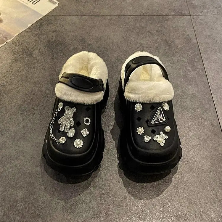 Winter Womens Classic Fur Lined Platform Clogs Slip On Sandals with Charms Slide Garden Shoes Lady Wedge Mules