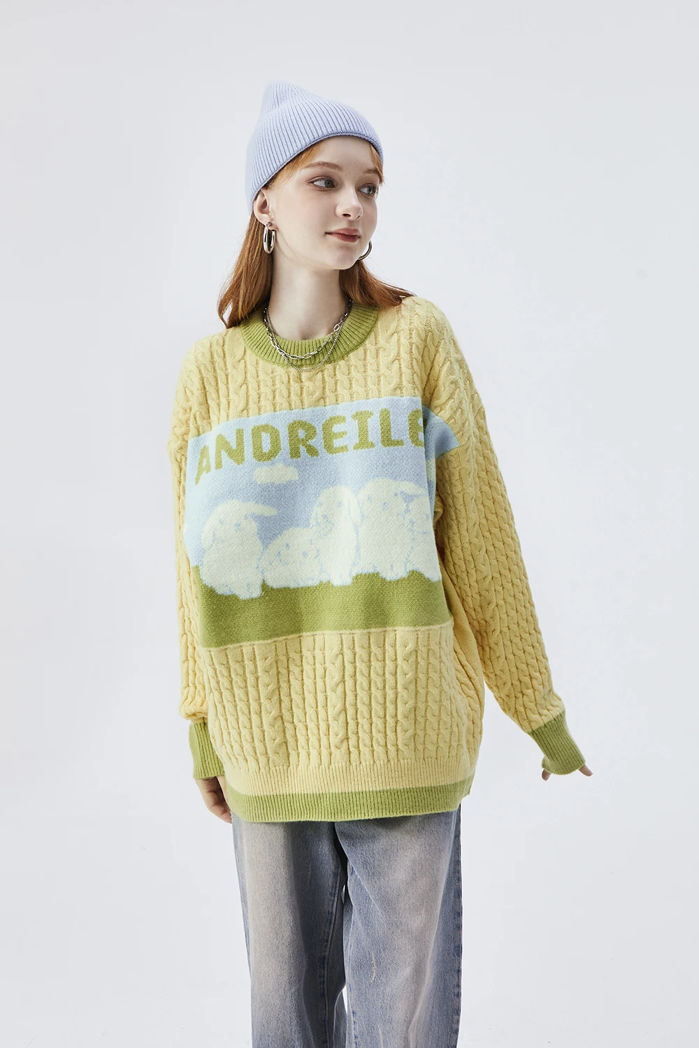 

Женский свитер с круглым вырезом, свободный трикотажный пуловер в европейском и американском стиле с мультяшным рисунком, толстые свитера, ...