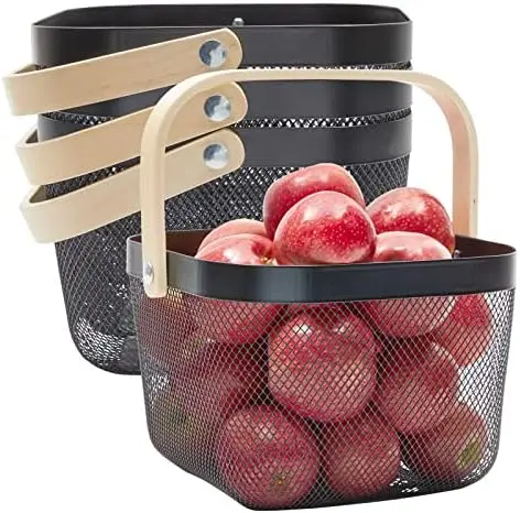 

Pack Square Mesh Fruit Basket with Wooden Handle for Kitchen Storage Organization (Black, 9.4 x 6.9 In) Rattan storage basket Fo
