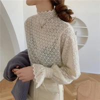 2021 fashion autumn winter korean fashion elegant all match turtleneck solid lace long flared sleeve ol casual fresh girl tops