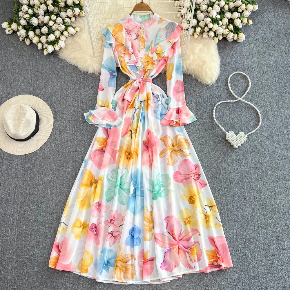 

VANOVICH Temperament Flare Sleeve Stand-up Collar Ruffled Waist Slim Printed A-line Dress Female Sweet Spring New Long Dress