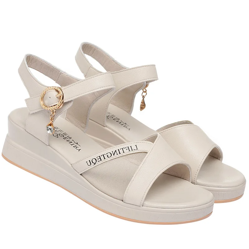 Sandals Women'S Wedge Thick-Soled Summer Flat Shoes Mid-Heel Thick Heel Genuine Leather Platform Mother'S Shoes Buckle Shoes