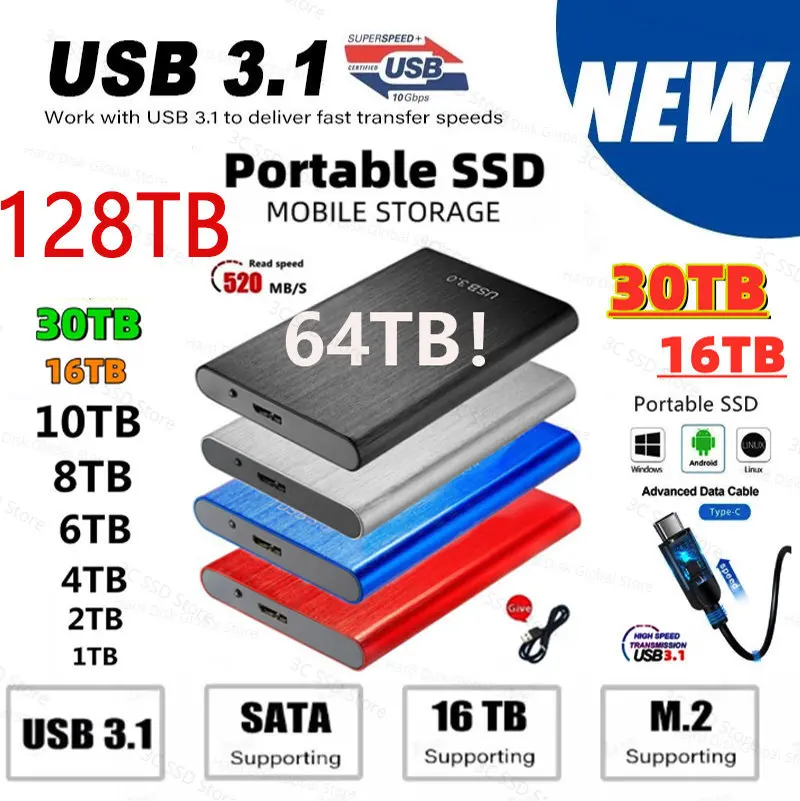 

Высокоскоростной внешний жесткий диск 500 ГБ 1 ТБ, портативный SSD 4 ТБ 8 ТБ, USB3.1 SSD 128 ТБ, жесткий диск, устройство для хранения для настольного но...