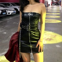 sexy black bodycon dress for women fashion party nightclub ladies pu leather summer dress woman metal chain pencil mini dress
