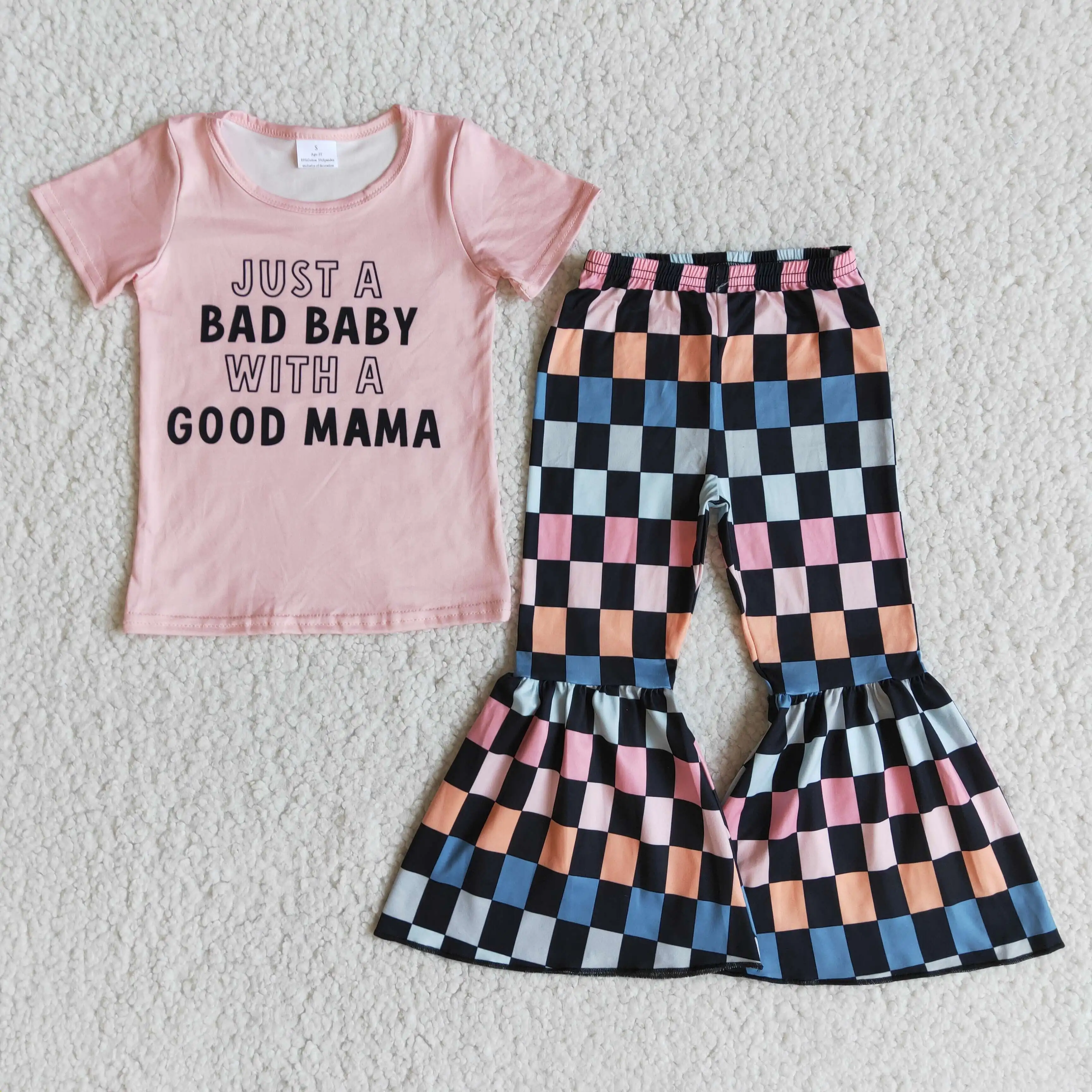 

wholesale kids clothes pink short sleeve letters pattern plaid print bell-bottoms 100%cotton boutique baby girl clothes