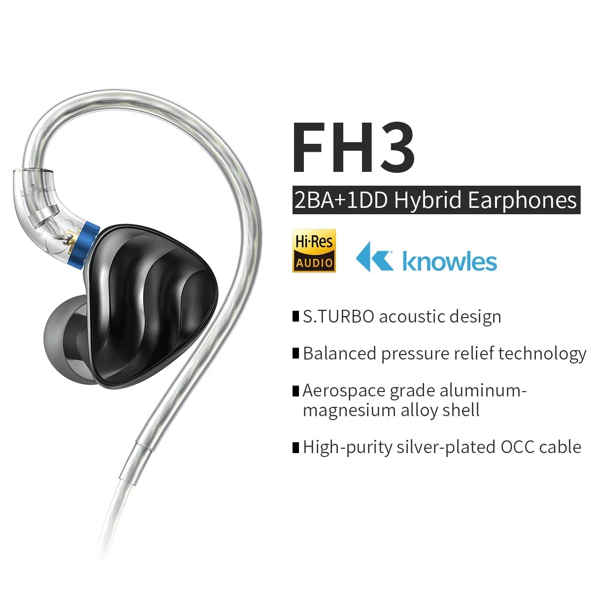 

Top FH3 2BA+1DD Knowles Beryllium-plated Dynamic Hybrid Driver In-ear Earphone IEM S.TURBO Acoustic Design Alloy Shell MMCX