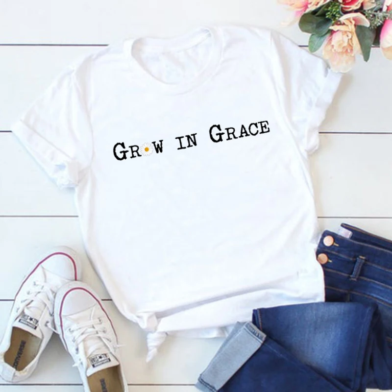 

Vintage Tshirt Jesus Christ Tops Woman Tshirts Christmas Gift Faith Aesthetic Clothes Vintage Grow In Grace Shirt Christian Tee