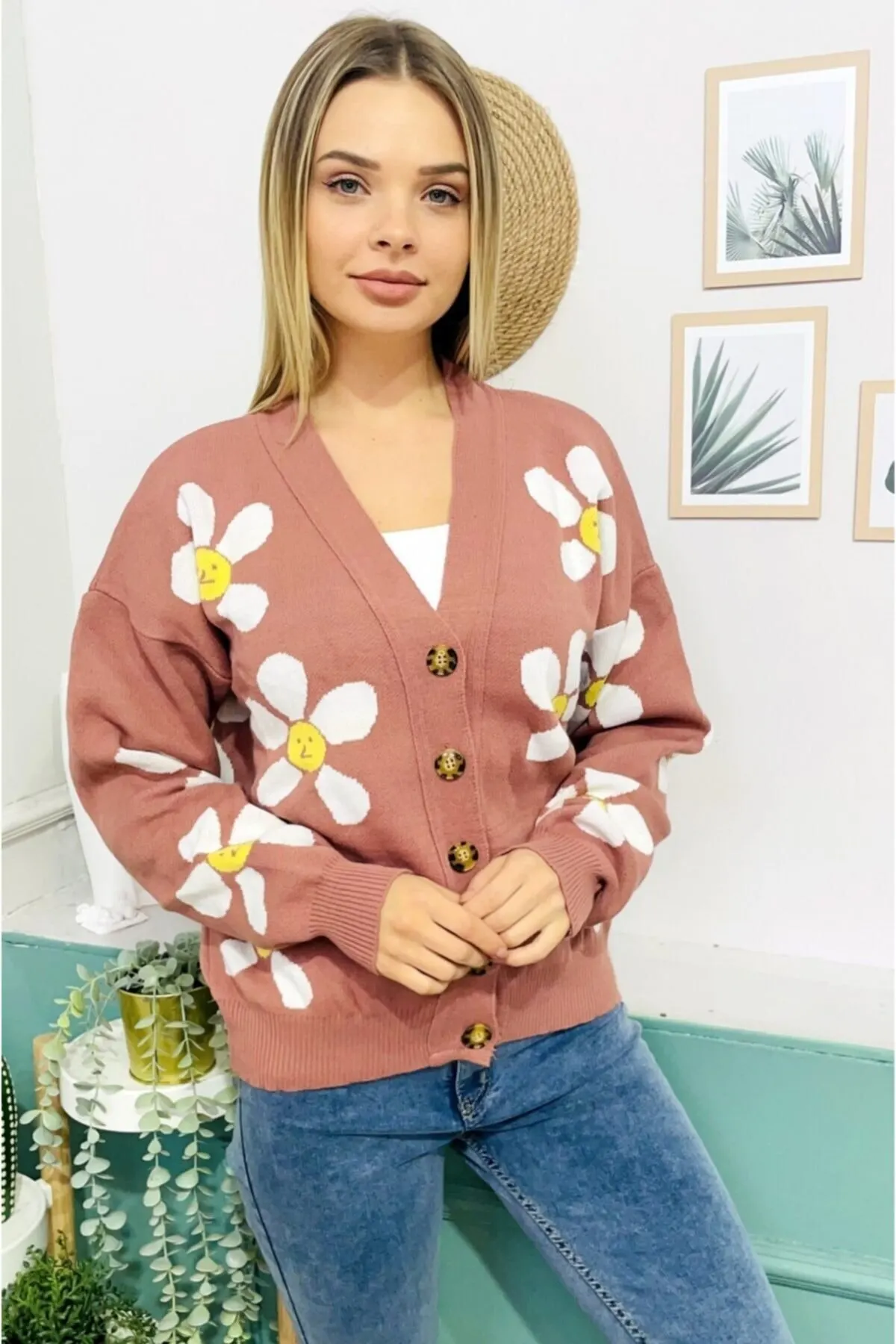 

Women's Cardigan Daisy Patterned Buttoned Casual Knitted Quality Fashion Cardigan Sweaters Loose Sweater Sweater Sweater Jumper