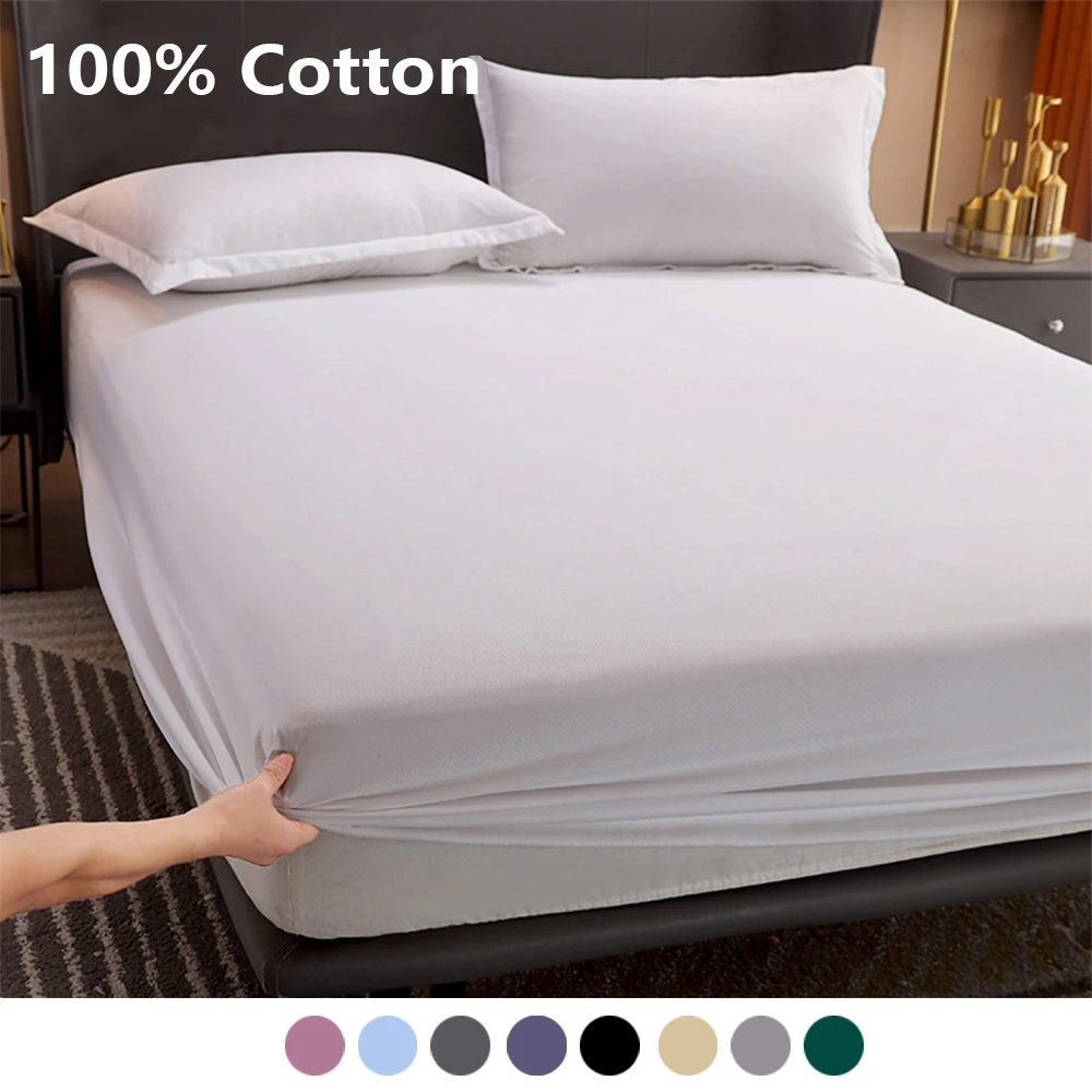 

100% Cotton Fitted Bed Sheet with Elastic Band Solid Color Anti-slip Adjustable Mattress Cover for Single Double King Queen Bed