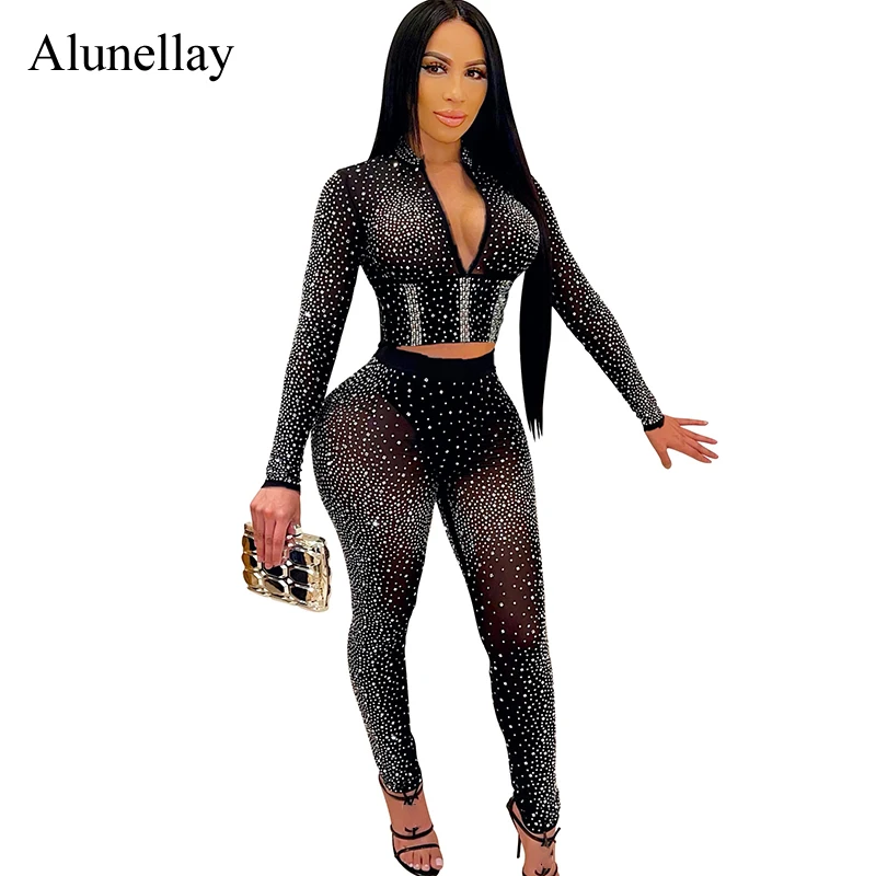 

2022 Solid V-Neck Rompers Women Jumpsuit Diamonds Rhinestone 2 Piece Outfits Sheer Mesh Tight Sheath Sexy Night Club Party Chic