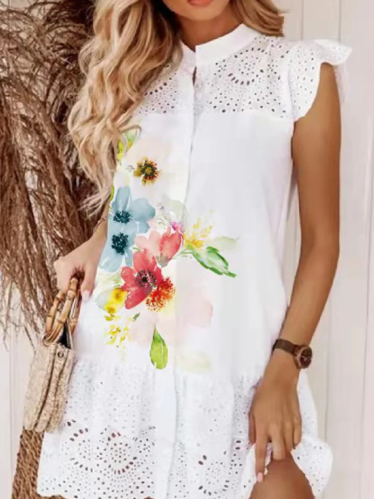 

Summer Stand Collar Flying Sleeve A-Line Mini Dress Elegant Pattern Print Lace Patchwork Dress New Lady Casual Sweet Party Dress