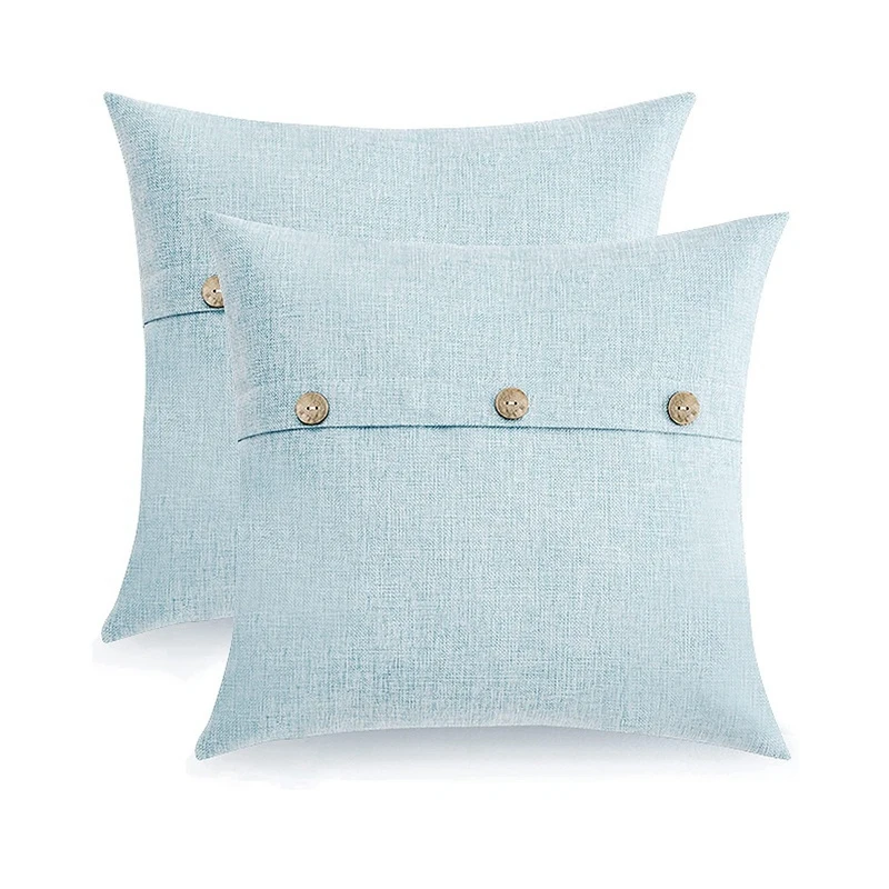 

2Pc Baby Blue Square Pillow Covers 18X18Inch Farmhouse Linen Pillow Covers with Coconut Buttons for Sofa Couch Decor