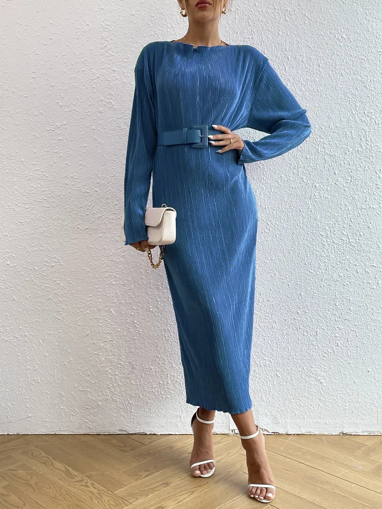 

Платье Toppies женское длинное Плиссированное с поясом, элегантное свободное вечернее платье с круглым вырезом и длинным рукавом