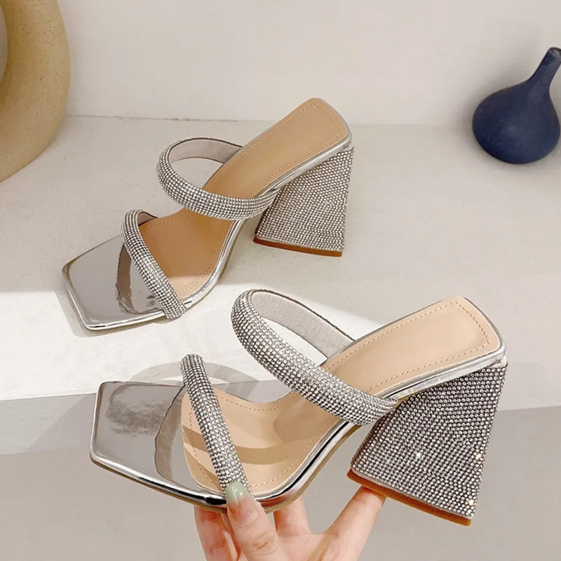 Liyke Runway Style Glitter Rhinestones Triangle Thick Heel Slippers Sexy Street Woman Square Toe Dress Party Shoes Summer Sandal