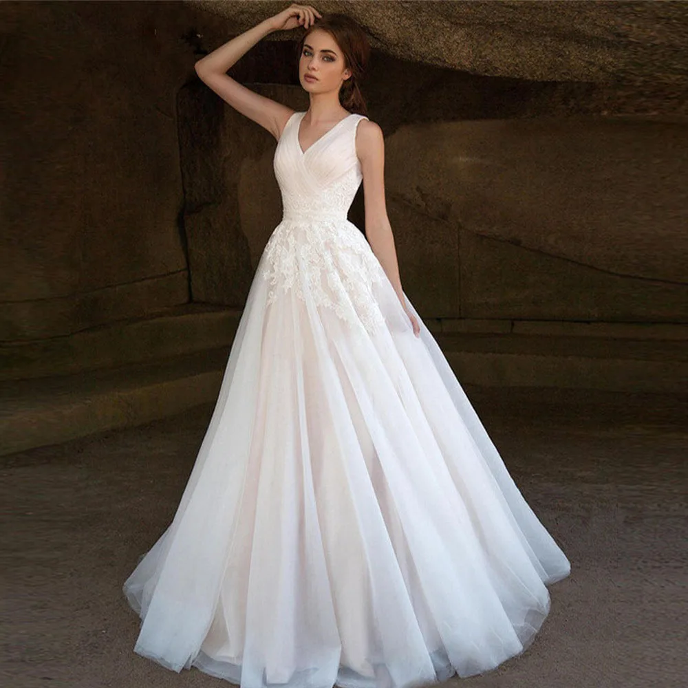 

Charming V-Neck Tulle Wedding Dresses Off the Shoulder Appliques Lace Draped A-line Beach Bridal Gowns Robe 2022New