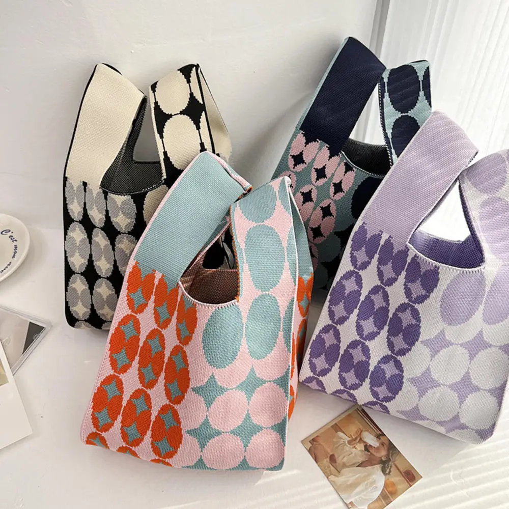 

Handmade Knit Handbag Women Mini Knot Wrist-bag Female Casual Color Wide Stripe Plaid Tote Bag Student Reusable Shopp _YGN-0016_