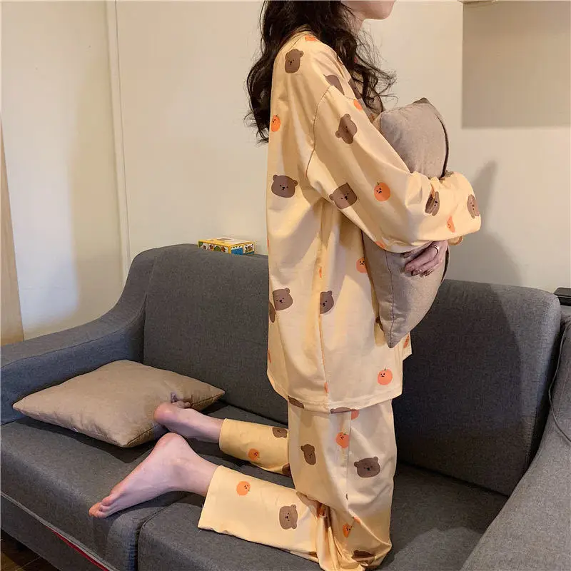 

Korean Style Women's Pajamas Two Piece Set Spring Long Sleeve Pullover Top Trousers Printed Loungewear Pijamas for Women Pjs