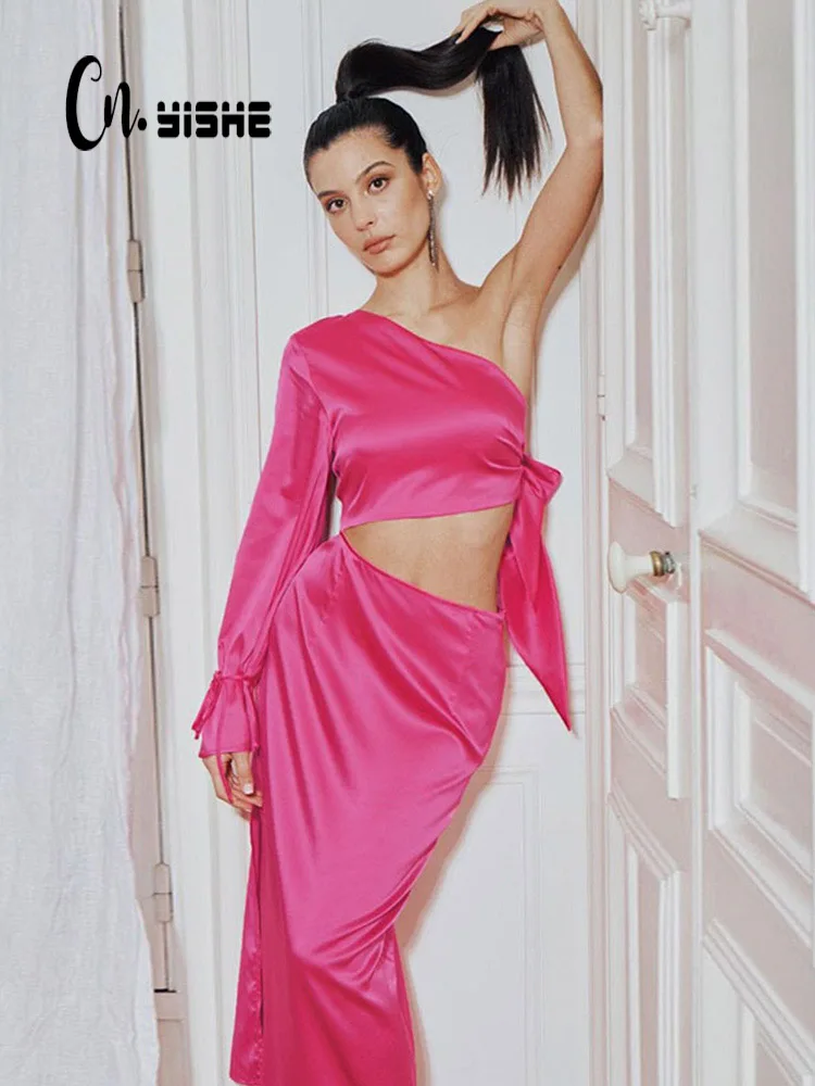 

Атласное Платье-миди CNYISHE на одно плечо для женщин, Летние Элегантные бандажные вечерние клубные платья, женское сексуальное платье, улична...
