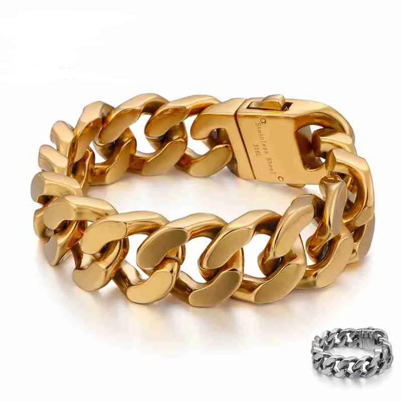 

20MM Heavy Punk Miami Gold Plate Stainless Steel Cuban Curb Chain Bracelet Bangle Men Women Hiphop Polished Wristband Jewelry