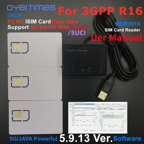 OYEITIMES 3PCS Programmable 5G NR 3GPP R16 SA/NSA/SUCI ISIM Card Blank 5G USIM Card+MCR3516 Card Reader+5.9.13 Personalize Tools