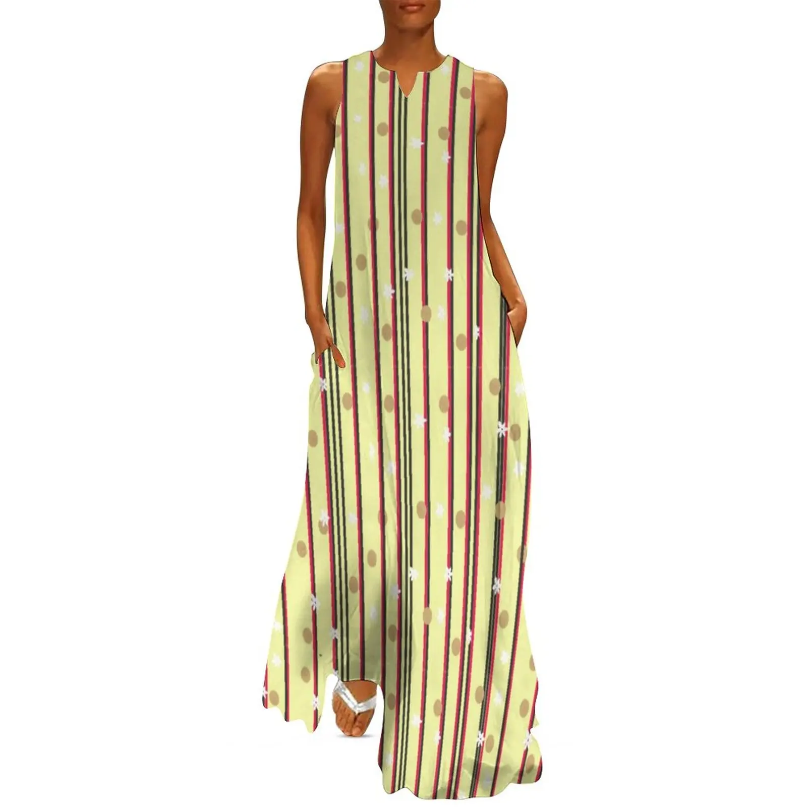 

Polka Dots And Stripes Dress Vertical Line Sexy Maxi Dress Korean Fashion Casual Long Dresses Summer V Neck Pattern Vestidos