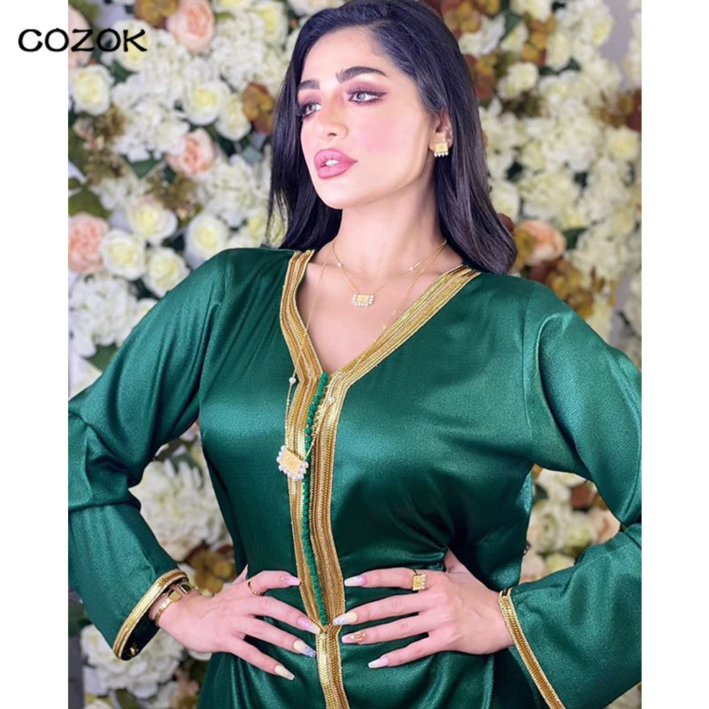 

Long skirt and robe Arabic Dresses Fall Golden Ribbon Patchwork V Neck Long Sleeve Maxi Dress Muslim Turkish Clothing Satin