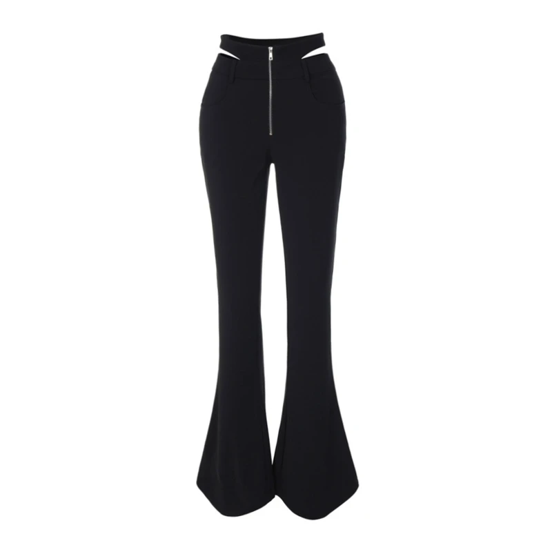 

Women Sexy Cut Out High Waist Zipper Front Flare Long Pants Harajuku Solid Color Slim Wide Leg Bell Bottom Trousers