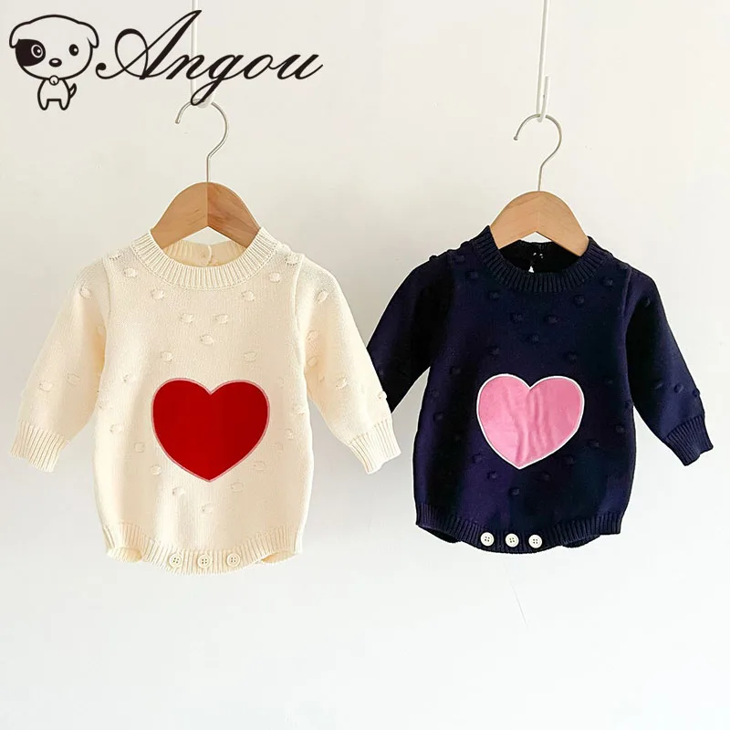 

Angou Korean Style 2022 Spring Baby Girls Rompers Knitted Girls Long Sleeves Love Jumpsuit Toddler Baby Knitting Solid Clothes